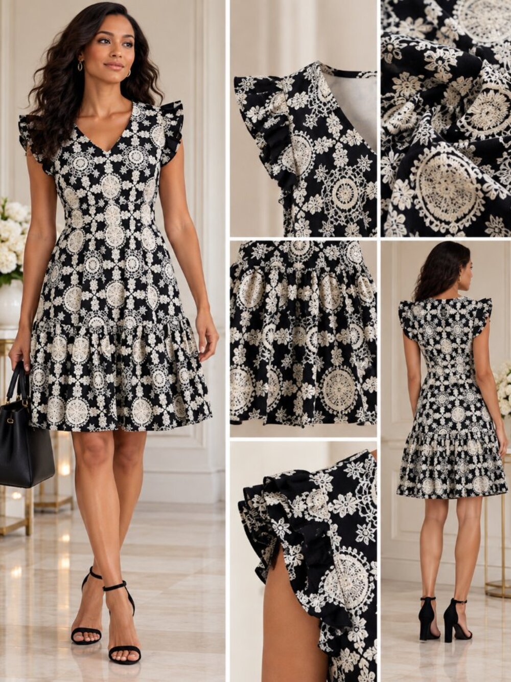 Anne Klein Black Ivory Floral V Neck Ruffle Fit Flare Dress XL NWT